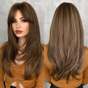 Wholesale Honey Blonde Wig with Bangs Long Brown Ladies Wig, Layered Heat-resistant Synthetic Wig Pelucas SM1616