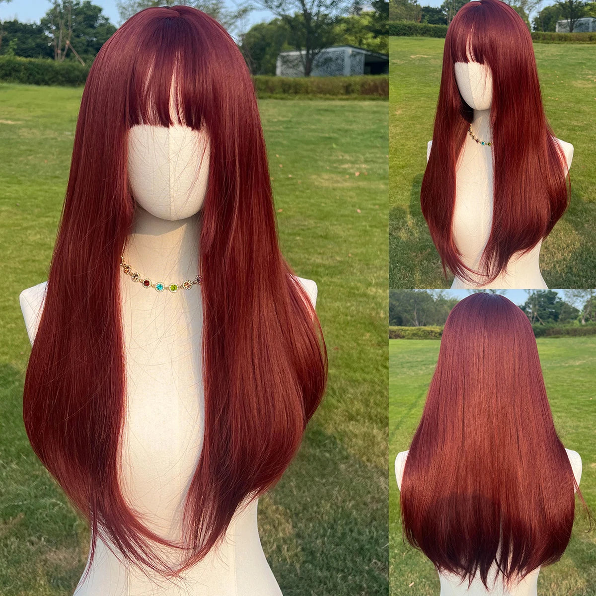 2025 Hot Selling New Raspberry Red Wine Long Straight Bangs Wig Simulation Natural Supple European and American Temperament Wig.