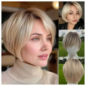 12 Inch Short Platinum Wig, Dark Hair Root air Bangs and Natural Hair Tips, Synthetic Fiber Wig, Realistic Appearance. SM166-1