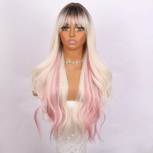 Wholesale New Wig Ladies Natural Split Gradient Gold Dotted pink Long Curly Hair Full Wig Headdress Manufacturer  Blonde SM390