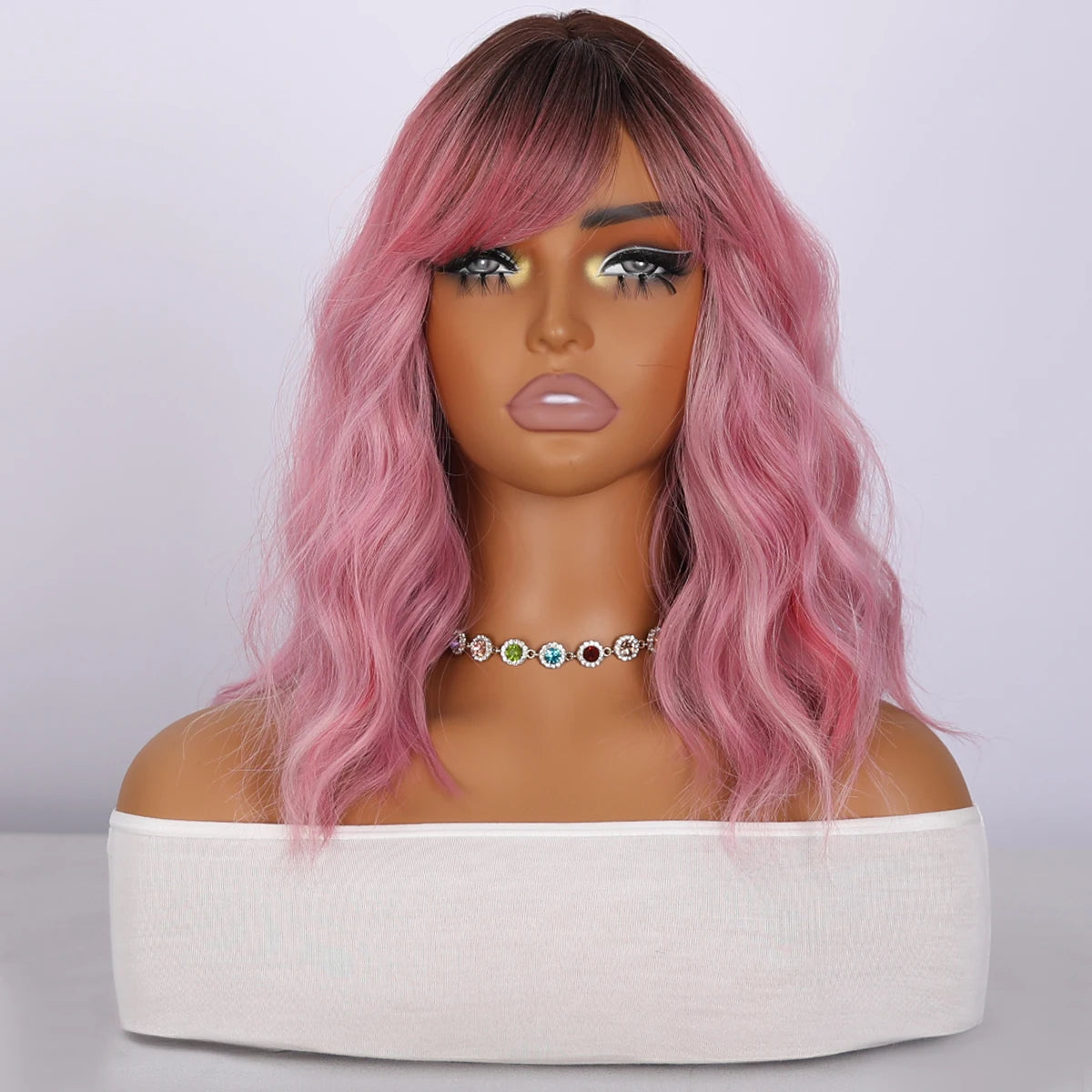 2025 Fashion New 14-inch pink BOB Highlights Ladies Wig-hair Tail Micro-volume Natural Bangs. SM414