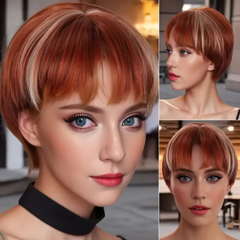 Hot Ginger Color Highlights Summer Short Hair Female Bobo Age-reducing Full-head Wig High-temperature Silk Wig Hood.