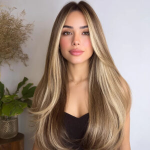 2024 Fashion New Brown Gold Highlighted Wig Hair Tail Micro-volume Natural Qi Liu Hai Heat-resistant Fiber Daily & Party SM467