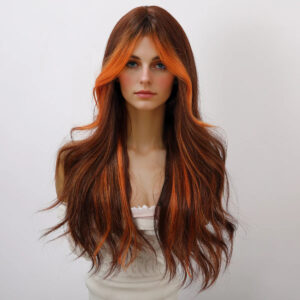 2024 Hot Selling 26 Inch Flame Orange Spots Dyed Long Curly Synthetic Hair Bangs Curly Wig Water Wave Wig Female Hair. 	SM5029