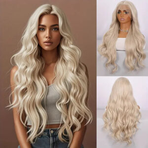 28 Inch Long Blonde Curly 13x4 Lace Body Wave Style 150% Density Very Suitable for Role-playing Synthetic Lace Front Wig.SM9216B