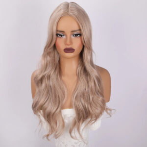 New 26-inch Lace Ladies pink Gold Long Curly Hair with Imported Silk Heat-resistant Wig Headgear. 	SM029