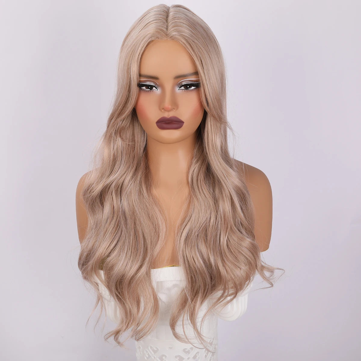 New 26-inch Lace Ladies pink Gold Long Curly Hair with Imported Silk Heat-resistant Wig Headgear. SM029