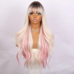 New28-inch Black Hair Root White Purple Highlights Ladies Wig-hair Tail Micro-volume Natural Neat Bangs Daily Wear & Party SM431