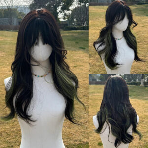 European and American Fashion Synthetic Wig Black Highlights Green Gradient Wavy Hair Wig with Bangs SM406