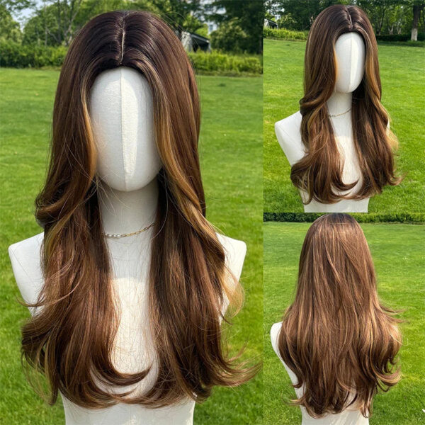 2024 Fashion New Brown Gold Highlighted Wig Hair Tail Micro-volume Natural Qi Liu Hai Heat-resistant Fiber Daily & Party SM467