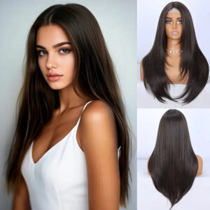 New Word Futura Lace Black Brown Supple Natural Long Straight Hair Points Imported Silk and Chemical Fiber Women's Wig Headgear.