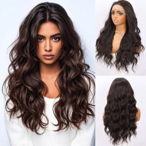 Luxurious 26 Inch Long Brown Body Wavy Lace Front Wig-natural Appearance, Heat-resistant Synthetic Hair  SM9843