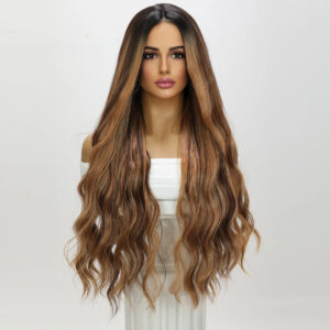 Factory Wholesale Price Chocolate Brown Curly Wave Synthetic Wig Female Long Blonde High-gloss Wig Without Bangs Wig 	SM9232